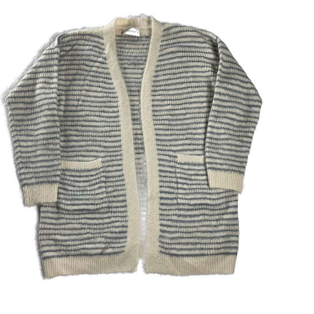 Mia & Tess Cream Blue‎ Striped Fuzzy Open Front Long Cardigan Sweater M/L